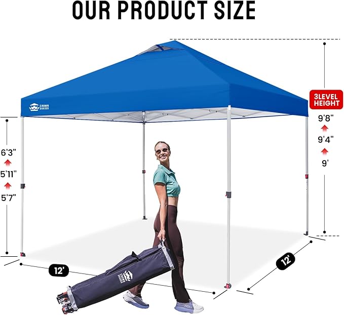 CROWN SHADES 12x12 Pop Up Canopy Outside Canopy, Patented One Push Tent Canopy with Wheeled Carry Bag, Bonus 8 Stakes and 4 Ropes, Blue