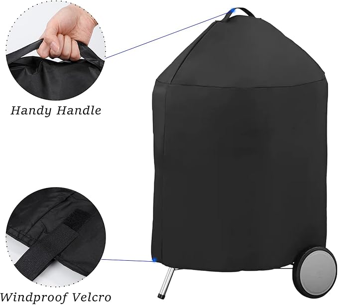 Round BBQ Grill Cover for 18 Inch Charcoal Grills Waterproof, Fade Resistant, UV Resistant Kettle BBQ Grill Cover with Hook & Loop Strap, Dome Smoker Cover, Black (18in)