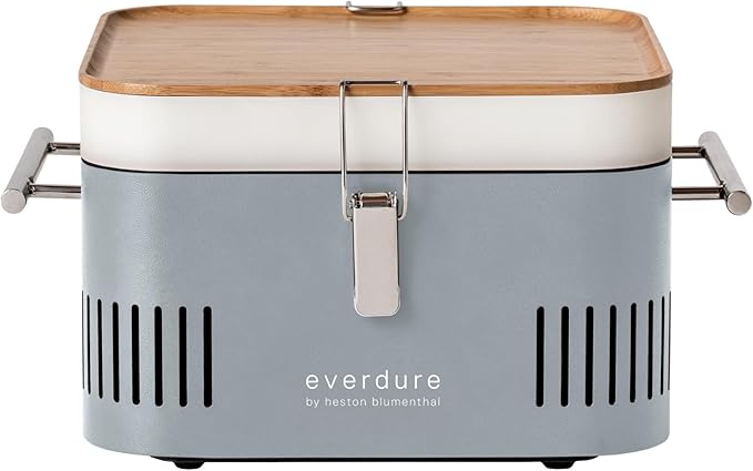 Everdure CUBE Portable Charcoal Grill, Tabletop BBQ, Perfect Tailgate, Beach, Patio, or Camping Grill, Lightweight & Compact Small Grill with Preparation Board & Food Storage Tray, Stone