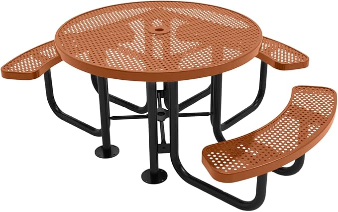 COATEDOUTDOORFURNITURE Heavy-Duty Portable Outdoor Picnic Table with Umbrella Hole, Punched Steel Patio Dining Furniture Made in America (46" Round Top, Textured Copper)
