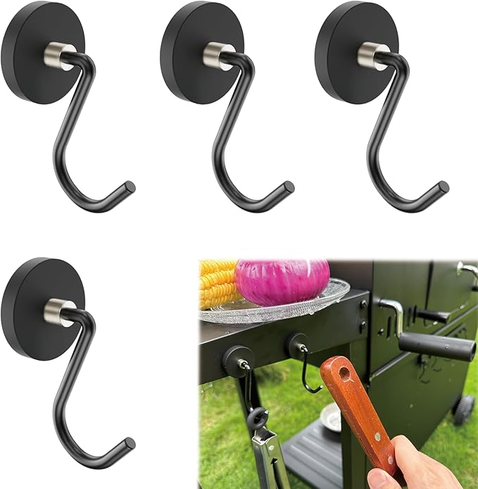 Magnetic Grill Hooks, Strong Magnetic Hook for Grill, Heavy Duty Magnet Hanger for Utensils, Powerful Magnet Hooks for BBQ Tools Refrigerator Toolbox Locker Kitchen Office, 4 Pack