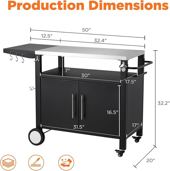 Outdoor Kitchen Storage Cabinet on Wheels, Grill Prep Table Kitchen Cabinets Island with Stainless Steel Top, Extension Plate, Outdoor Pizza Oven Stand Table for BBQ Patio Backyard