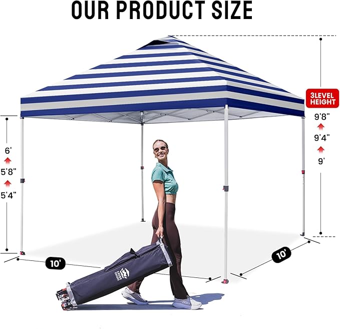 CROWN SHADES 10x10 Pop Up Canopy - Beach Tent with One Push Setup - Outdoor Sun Shade for Events, Parties, Camping - STO-N-Go Cover Bag, Silver Coated Top, 3 Height& 4 Sand Bags, Navy Blue Stripes