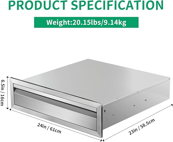 Outdoor Kitchen Drawers 24" W x 6.5" H x 23" D Stainless Steel Single Drawers with Hidden Handle for BBQ Island, Patio Grill Station & Outdoor Kitchen Cabinets