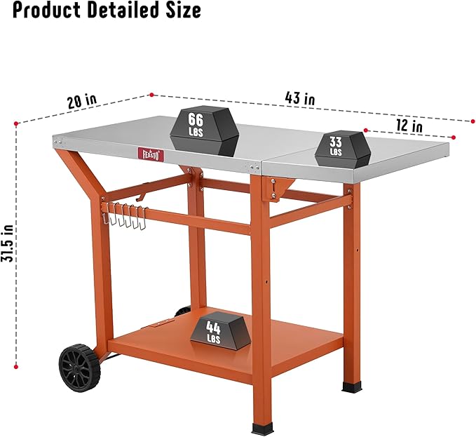 Movable Grill Table with Folding Side Table, Pizza Oven Table as BBQ Food Prep Cart with Undershelf for Outdoor & Indoor Use, 43" L x 20" W Stainless Steel Tabletop, Orange