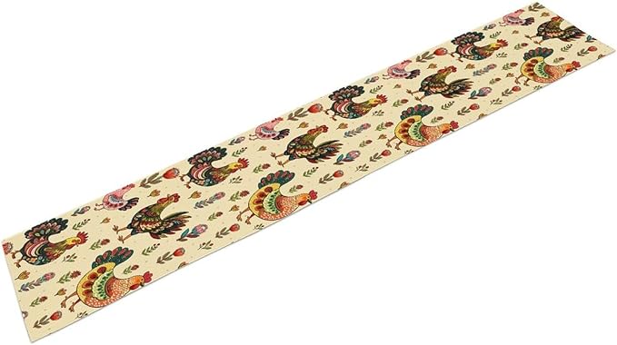 Rustic Farm Animal Table Runner, Vintage Rooster Boho Flowers Table Runner for Kitchen Dining Holiday Home Party 13x70in