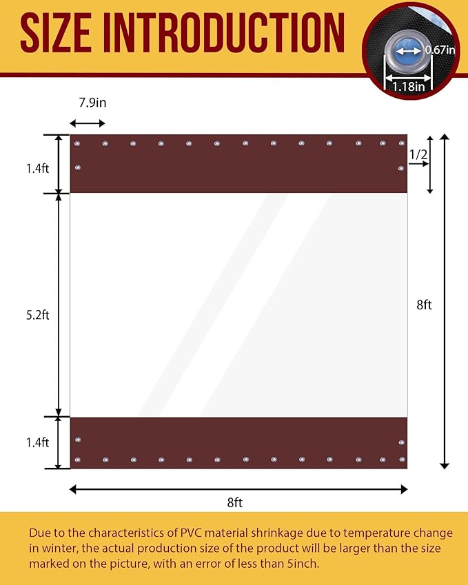 FoundGo 8'Hx8'W Vinyl Curtains for Patio,19oz Outdoor Clear Vinyl Patio Enclosure,Heavy Duty Clear Tarps Waterproof Vinyl Tarp with Grommets for Pergola, Porch,Gazebos,Balcony,-4℉ Cold Resistant