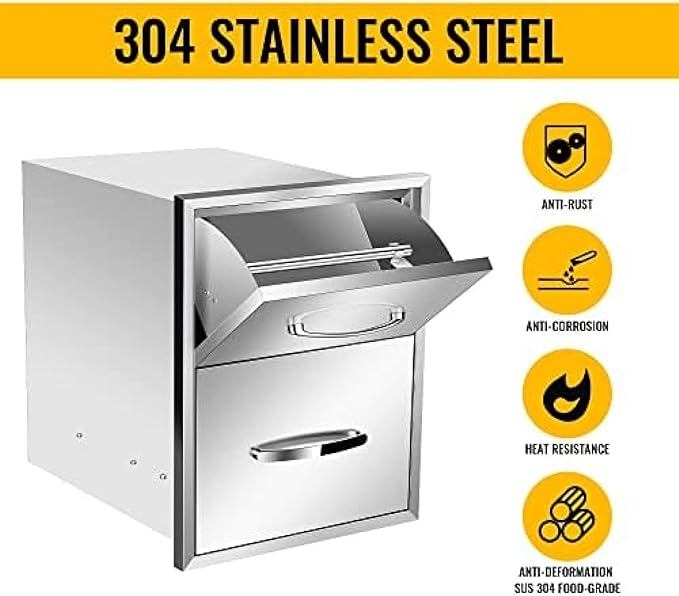 BBQ Outdoor Kitchen Drawers Stainless Steel 3-Drawer BBQ Drawer Enclosed Built-in Drawer Flush Mount for Outdoor Kitchens & BBQ Islands,16Wx20Dx20H