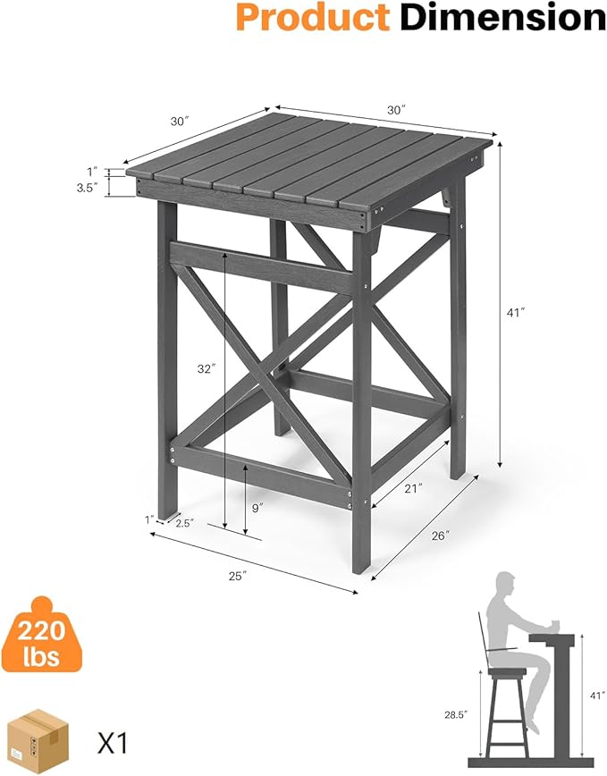 HDPE Outdoor Bar Table, 41" Adirondack Outdoor Bar Height Table, All Weather HDPE Patio High Top Pub Table, Square HDPE Patio Bar Tables for Balcony, Deck, Backyard, Poolside, Smoke Gray