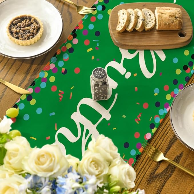 Artoid Mode Polka Dot Green Happy Birthday Table Runner, Seasonal Christmas Winter Kitchen Dining Table Decoration for Home Party Decor 13x72 Inch