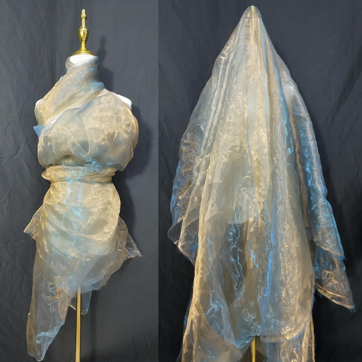 Two-Tone Iridescent Holographic Organza Fabric - 11 Yards by The Yard | Lightweight Sheer Tulle | for Wedding Dresses, Party Decor, DIY Crafts, Shiny Backdrops(Orange-Gold & Blue Sheen)