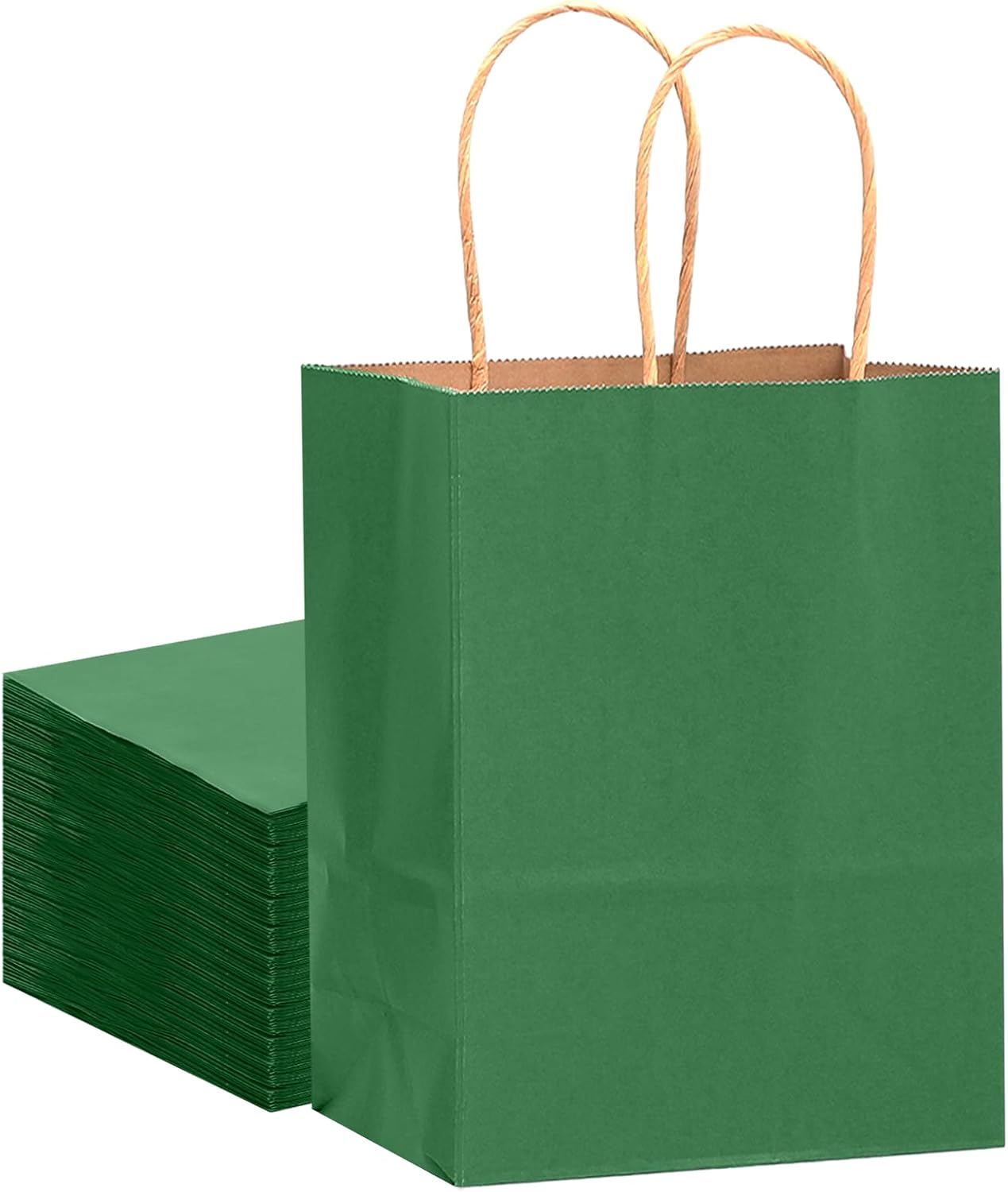 qiqee 32-Packs Deep Green Paper Gift Bags with Handles Bulk 7.6"x4.75"x10.5" Medium Size Gift Bags Multiple Uses