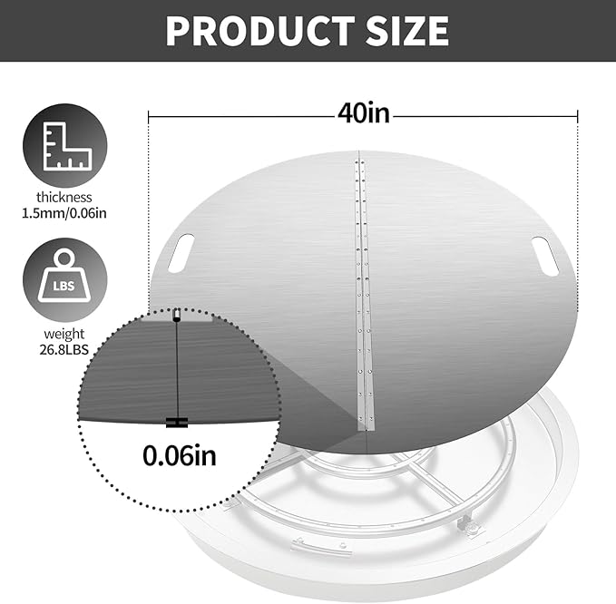 RYFT Fire Pit Lid Round, 40 Inch, 304 Stainless Steel Foldable Cover with Edge Built-in Handle Design, Suitable for Any Round Patio Fire Pits