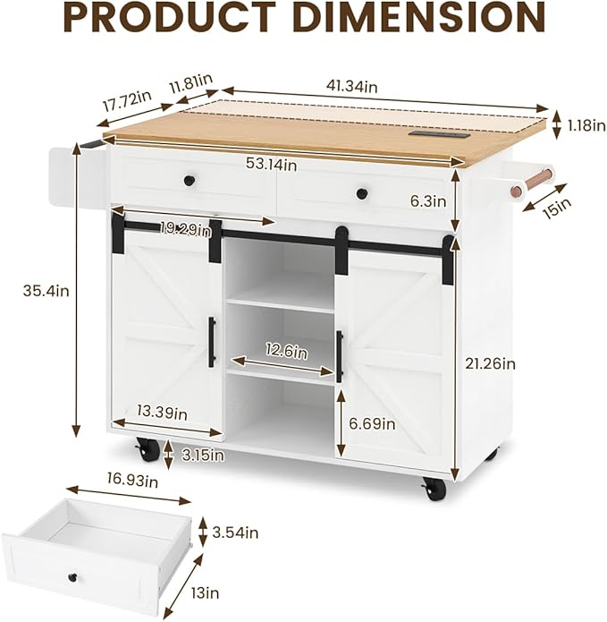 COCO DESIGN Rolling Kitchen Island Cart with Wheels, 54" Portable Trolley Island with Drop Leaf Countertop, Sliding Barn Door, Power Outlet, Spice Rack, Towel Rack and Drawers, Minimalist White