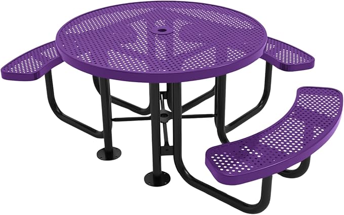 COATEDOUTDOORFURNITURE Heavy-Duty Portable Outdoor Picnic Table with Umbrella Hole, Punched Steel Patio Dining Furniture Made in America (46" Round Top, Purple)