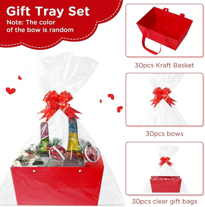 Tuanse 30 Pcs Basket for Gift Empty DIY Bulk Gift Basket Kit with Handle Kraft Cardboard Tray with 30 Bag 30 Bow Market Tray for Wedding Party(Red,12.6 x 9.8 x 5.9 in)