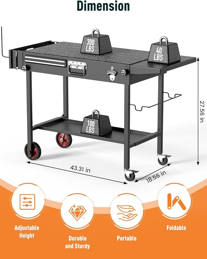 Portable Grill Cart Table with Wheels, for 17-22 Inch Blackstone Griddle Stand, Foldable BBQ Prep Station with Seasoning Tray