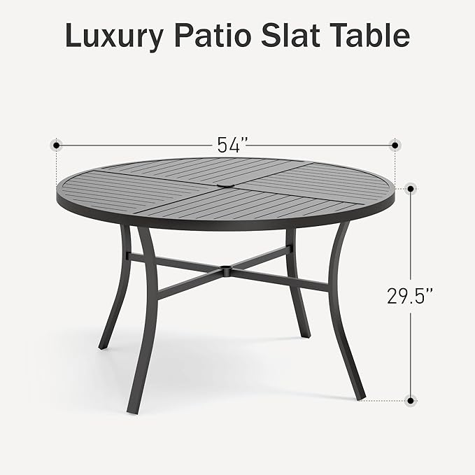 PHI VILLA Outdoor Round Dining Table for 6, 54" Large Metal Wrought Iron Table with Umbrella Hole, All Weather Furniture for Patio, Deck, Yard, Porch - Black