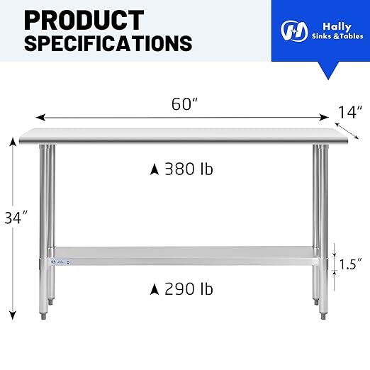 Hally Stainless Steel Table for Prep & Work 14 x 60 Inches, NSF Commercial Heavy Duty Table with Undershelf and Galvanized Legs for Restaurant, Home and Hotel