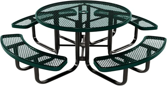 COATEDOUTDOORFURNITURE Heavy-Duty Portable Outdoor Kids Table with Umbrella Hole, Expanded Metal Kids Picnic Table, Commercial-Grade, Made in America (46 in, Round, Childrens, Textured Dark Green)