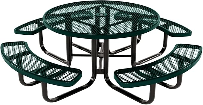 COATEDOUTDOORFURNITURE Heavy-Duty Portable Outdoor Kids Table with Umbrella Hole, Expanded Metal Kids Picnic Table, Commercial-Grade, Made in America (46 in, Round, Childrens, Dark Green)