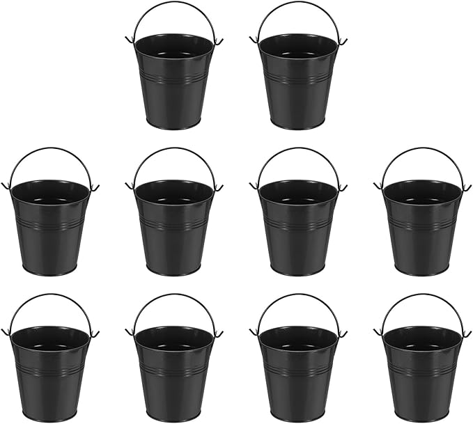 Small Metal Buckets, Mini Buckets with Handle Galvanized Colored Tin Pail Containers Basket Party Supplies - Fit for (Halloween - Classroom Crafts) 4" & 10Pcs & Black