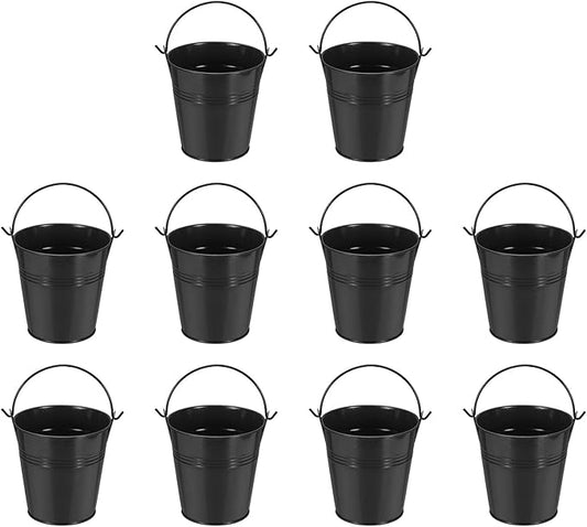 Small Metal Buckets, Mini Buckets with Handle Galvanized Colored Tin Pail Containers Basket Party Supplies - Fit for (Halloween - Classroom Crafts) 4" & 10Pcs & Black
