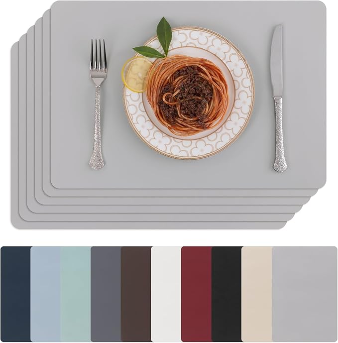 SHACOS Placemats Set of 6 Faux Leather Waterproof Leakproof Wipeable PU Non-Slip Vinyl Place Mats Heat Resistant Table Mats for Kitchen Dining Table Indoor Outdoor, Grey