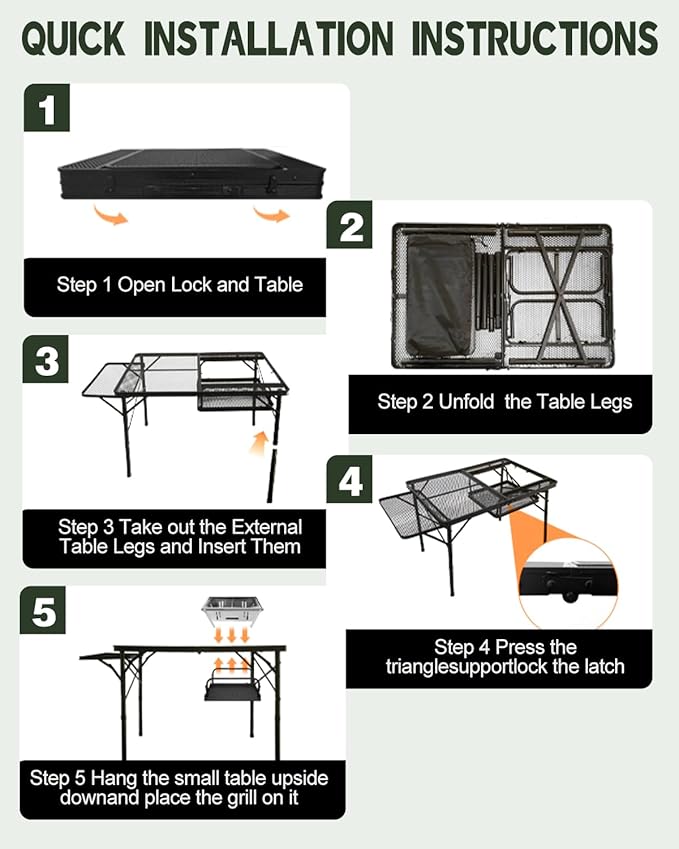 4ft Folding BBQ Table with Wing Plate, Height Adjustable Metal Table with Small Charcoal Grill, Portable Outdoor Table Removable to Two Tables (Bright Black)