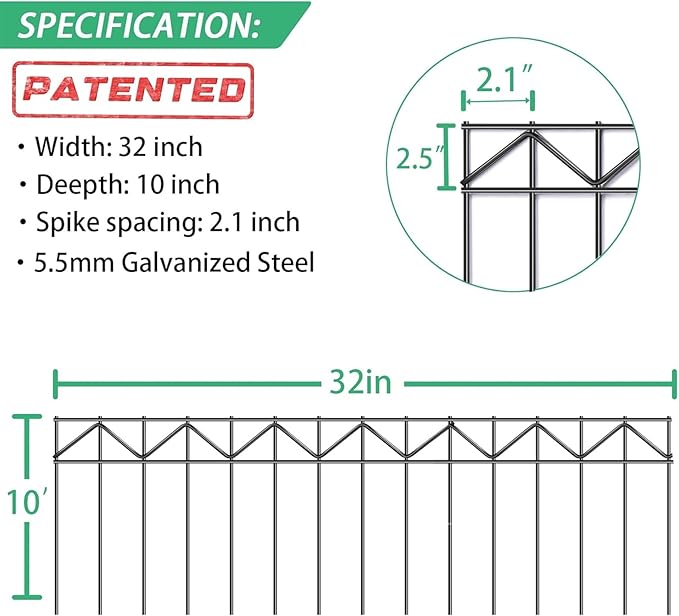 15 Pack 32" L x 10" H Animal Barrier Fence, No Dig Fence Patented Product, 5.5mm Galvanized Stakes with 2.1" Spacing, Anti Digging for Dogs Outdoor Yard Patio, Total 40Ft(L) X 10in(H) Black