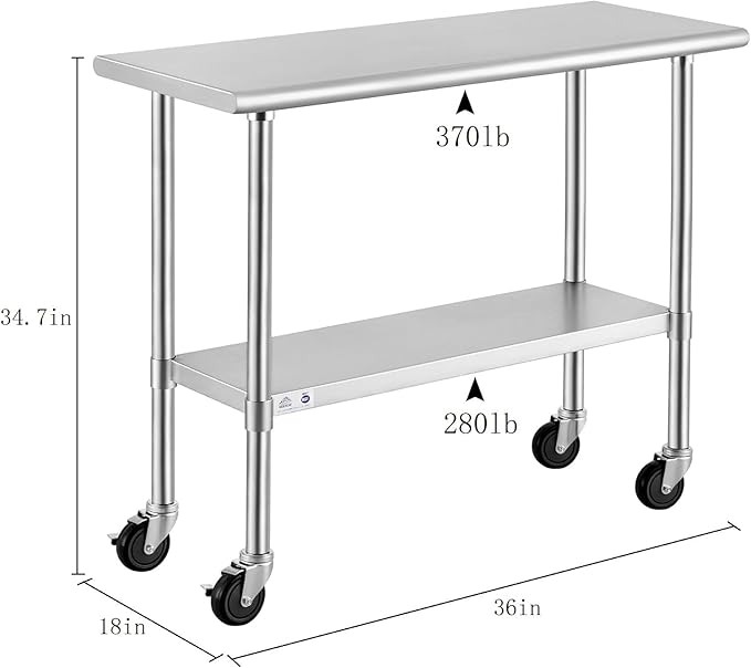 ROCKPOINT Stainless Steel Table for Prep & Work with Caster Wheels 18x36 Inches, NSF Metal Commercial Kitchen Heavy Duty Table with Adjustable Under Shelf and Table Foot for Restaurant, Home and Hotel