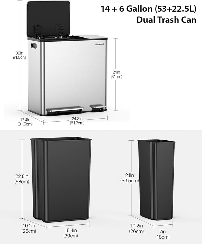Lovewind Dual Trash Can, 14 + 6 Gallon Garbage Can for Kitchen Dual Compartment Recycling Kitchen Step Trash Bin, Stainless Steel Trash and Recycle Bin Combo with Soft-Close Lid, Silver