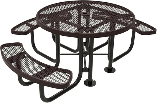 COATEDOUTDOORFURNITURE Heavy-Duty Portable Outdoor Picnic Table with Umbrella Hole, Expanded Metal Patio Dining Furniture Made in America (46" Round Top, Brown)