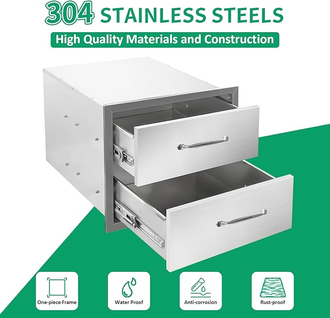 Outdoor Kitchen Drawers 18" W x 15" H x 23" D Stainless Steel Double Drawers with Ergonomic Handle for BBQ Island, Patio Grill Station & Outdoor Kitchen Cabinets
