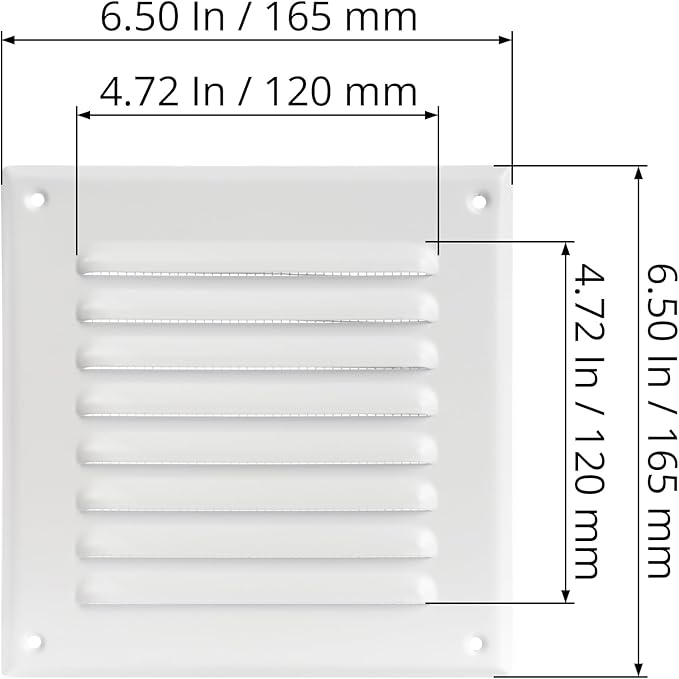 Square Ventilation Grille / 5" x 5" Inch Inside Measurement/White Metal Air Vent Louver - Inside/Outside use / 6.5" x 6.5" Inch Outer Measurement