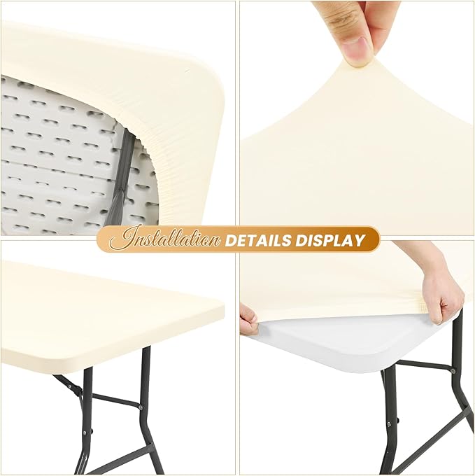 6 Pack Stretch Fabric Table Top Cap Cover, Ivory Table Covers fits 8Ft Tables, Washable Elastic Universal Rectangle Tablecloth Protector for Indoor Outdoor Party Picnic Wedding (30" W x 96" L)
