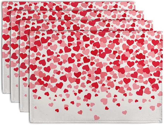 Valentine's Day Pink Love Heart Placemats Set of 4 Valentine Dining Place Mat Heat Resistant Washable Wedding Anniversary Rectangle Table Mat for Outdoor Kitchen Home Party 12x18 Inch