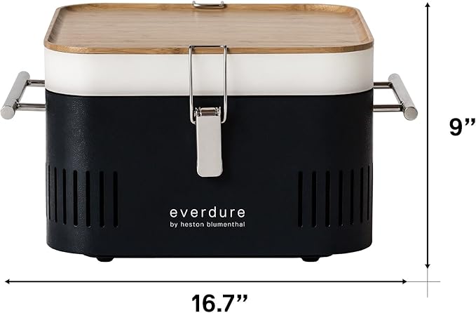 Everdure CUBE Portable Charcoal Grill, Tabletop BBQ, Perfect Tailgate, Beach, Patio, or Camping Grill, Lightweight & Compact Small Grill with Preparation Board & Food Storage Tray, Matte Black