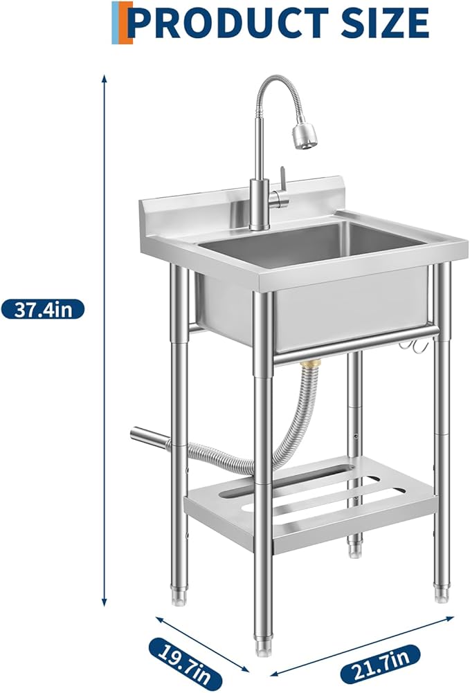 Stainless Steel Utility Sink, Free Standing Single Bowl Kitchen Sink, Adjustable Leg Height, w/Faucet,Hot and Cold Water Pipes,Commercial Laundry Tub,Hook,Storage Shelf for Indoor Outdoor Farmhouse