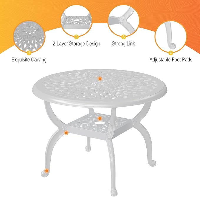 Cast Aluminum Outdoor Side Table, All Weather Round Bistro Table, Outdoor Coffee Table, Small End Table for Patio, Indoor, Lawn, Garden, White