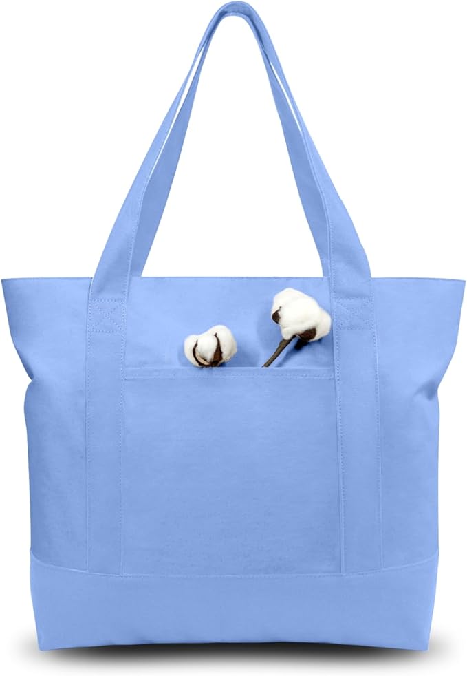 TOPDesign 6-Pack Canvas Tote Bags with an External Pocket, Reusable Grocery Shopping Bags, Top Zipper Closure, Daily Essentials (Light Blue)