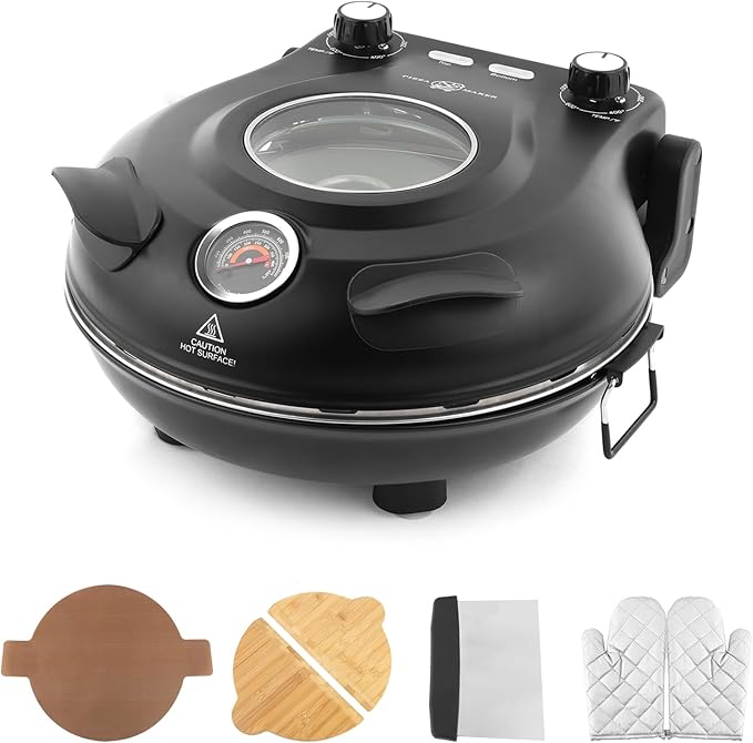 KLAIF 12" Electric Countertop Pizza Oven Indoor With Ceramic Stone, Dual Adjustable Temperature Controls, Includes 4 Pizza Tools, LMC-Black