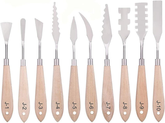 Paint Knife Set - 10pcs Stainless Steel Spatula Palette Knife Painting Tools Metal Knives Wood Handle with Different Shapes and Sizes for Oil Painting, Acrylic Mixing