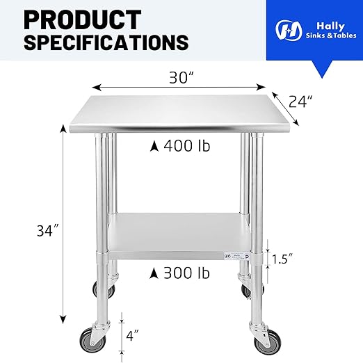 Hally Stainless Steel Table for Prep & Work 24 x 30 Inches with Caster Wheels, NSF Commercial Heavy Duty Table with Undershelf and Galvanized Legs for Restaurant, Home and Hotel