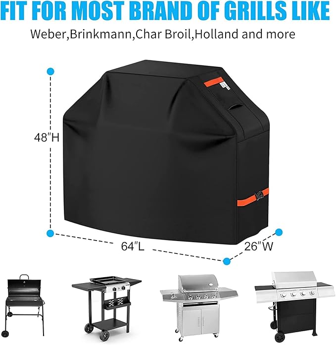Grill Cover 600D Heavy Duty, Universal Fit Waterproof BBQ Grill Protector with Adjustable Straps, Weatherproof Outdoor Oven Cover for All Seasons