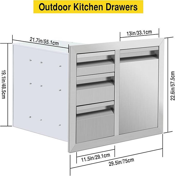 Outdoor Kitchen Drawer Combo, Stainless Steel Triple Drawers & 2 Trash Can Drawers,Enclosed Built-in Drawer Flush Mount For Outdoor Kitchens & BBQ Islands ﻿ ﻿,G1