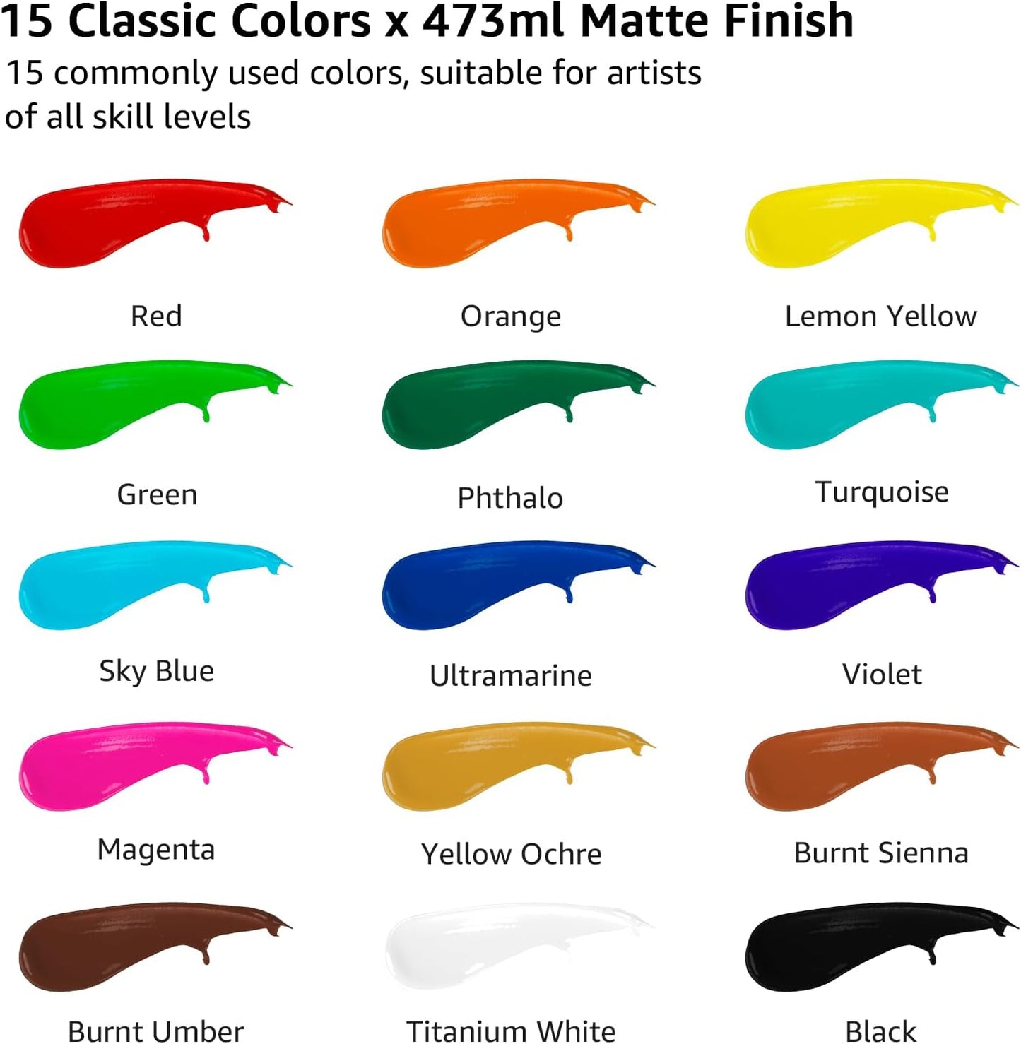 ABEIER Large Bulk Acrylic Paint Set, 15 Colors (473 ml/16 fl oz), Matte Finish, Rich Pigments, Non-Toxic Paints for Painting on Canvas Crafts Wood Ceramic, Ideal for Beginners and Students