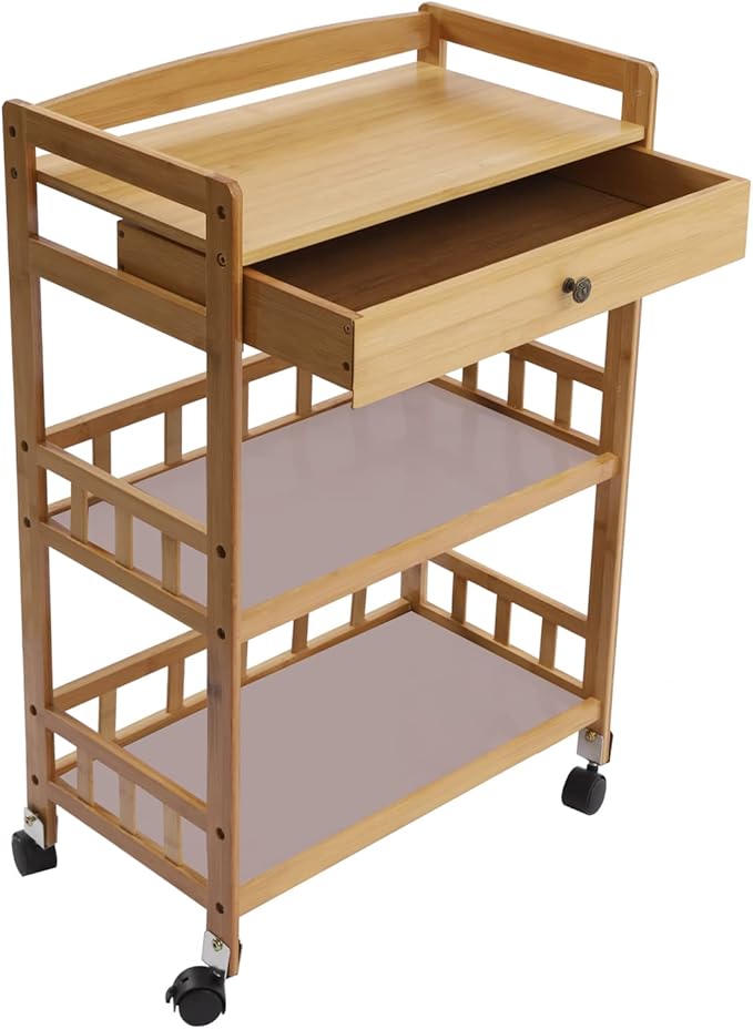 Bamboo Serving Cart with Drawer and Fence Rail, Kitchen Storage Organizer Trolley with Silent Wheels for Home Dining Room and Outdoor Use Natural Finish 53x30x80 cm Ideal for Families and Entertainers