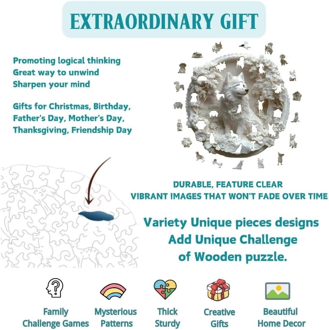 Wooden Puzzles Adults, 3D Paper Samoyed Dog Wooden Puzzles 295 Pieces, Unique Animal Shaped Wood Challenging Jigsaw Puzzles Gifts for Adults, 13.4x13.1in