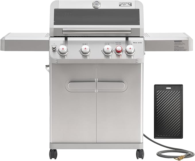Monument Grills 4+1 Burner Natural Gas Grill with Hose, 50,000 BTU Stainless Steel Outdoor Patio Barbecue Grill with Cooking Plate, Fast Heating, Knob Control, M415BZNG